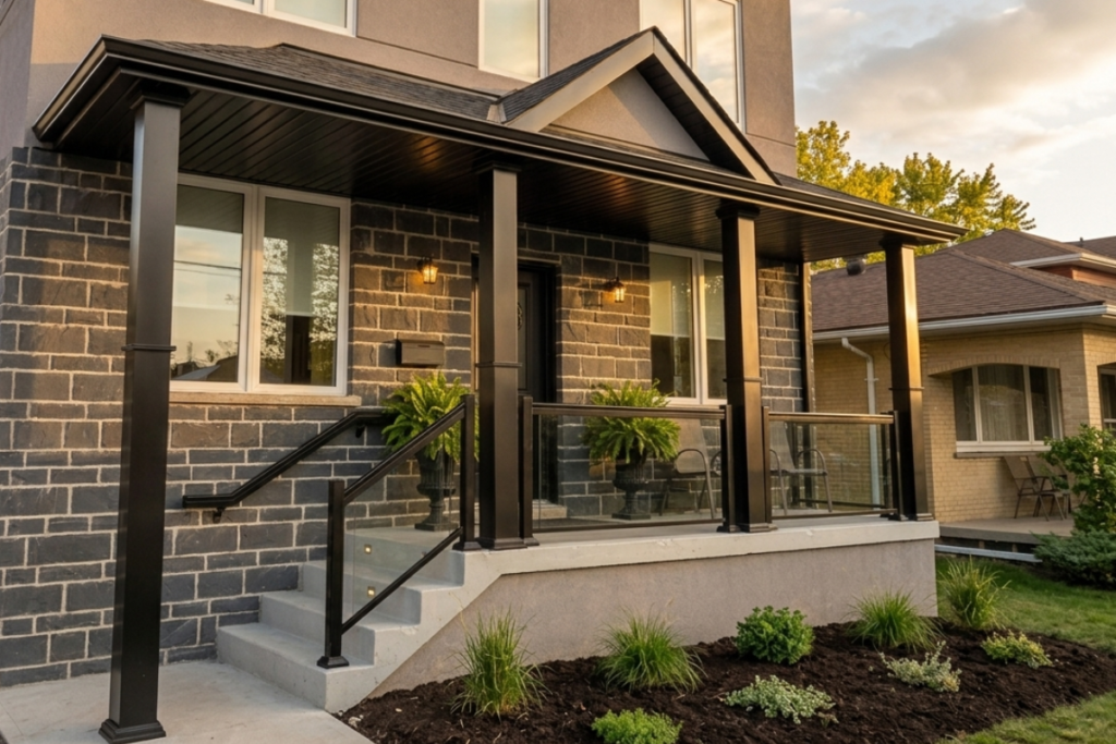 Completed railing installation on a home porch in the Greater Toronto Area
